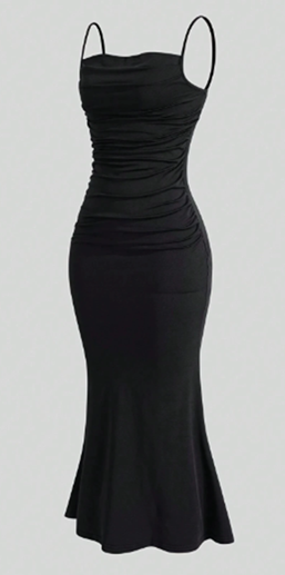 Flavius Black Square Neck Pleated Waist Maxi Dress