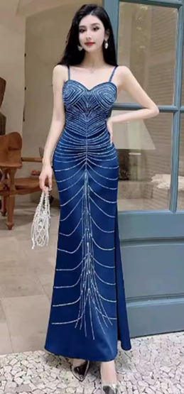 Tarquin Midnight Blue Sleeveless Velvet Rhinestone Detail Maxi Dress