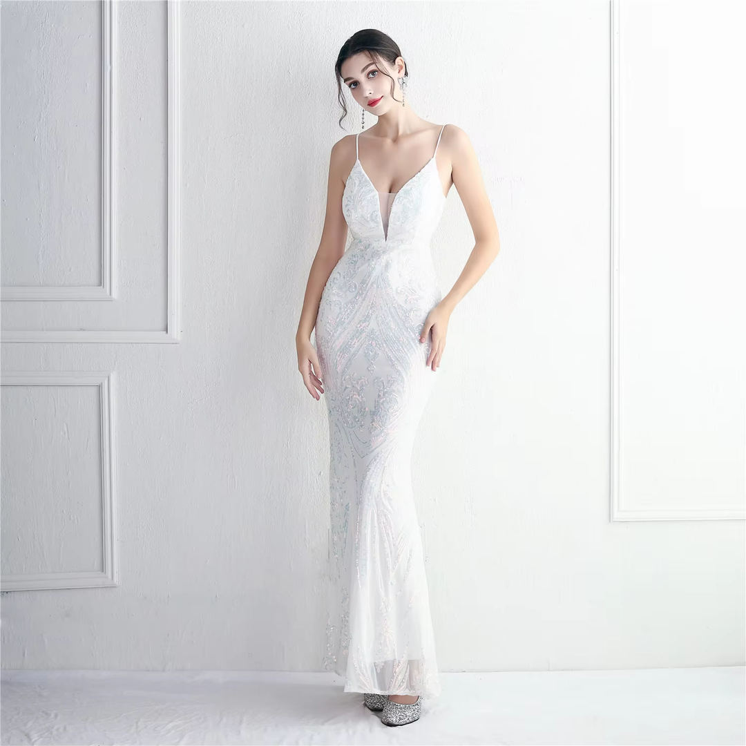 Zephyr White V-Neck Stereo Bead Braces Mermaid Maxi Dress
