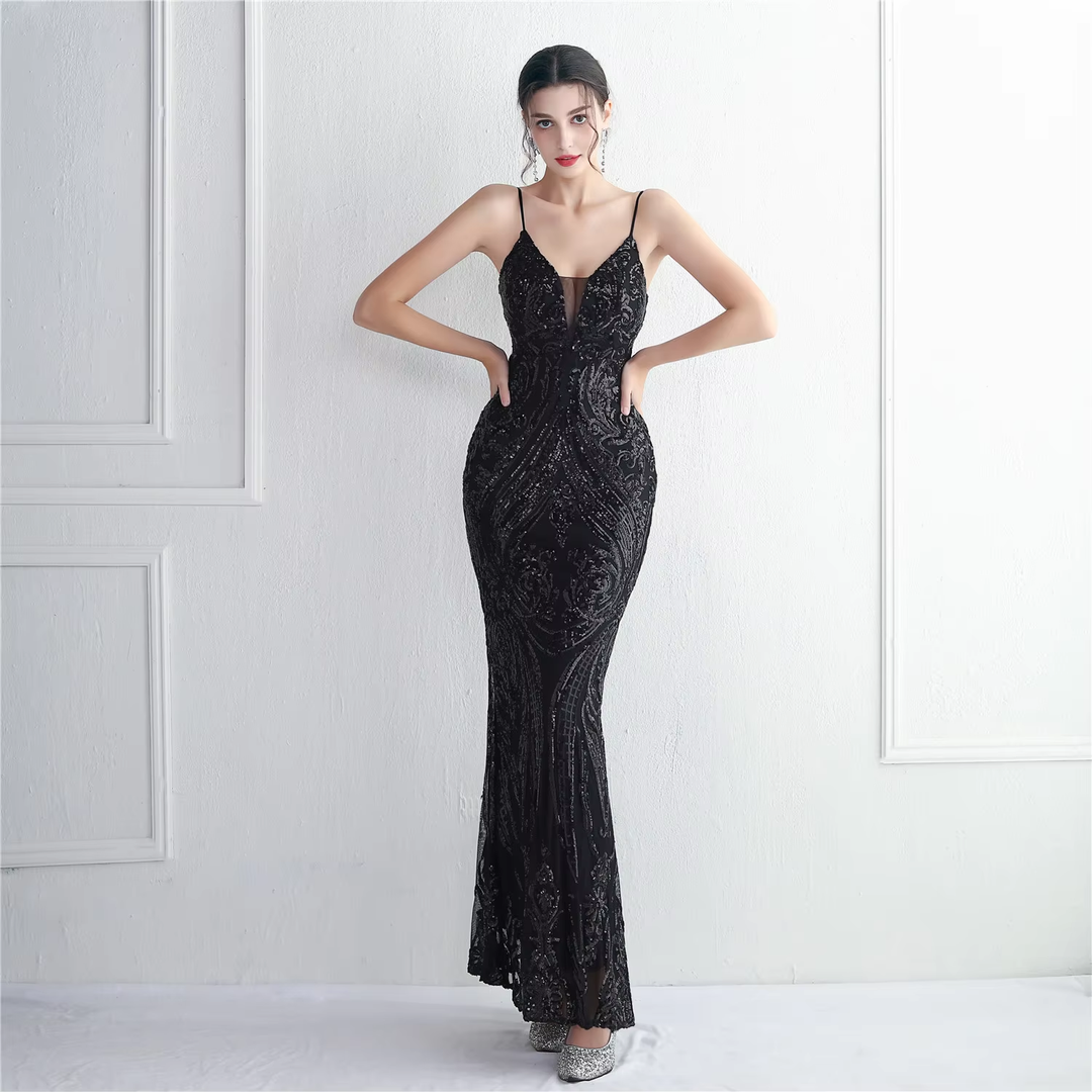 Zephyr Black V-Neck Stereo Bead Braces Mermaid Maxi Dress