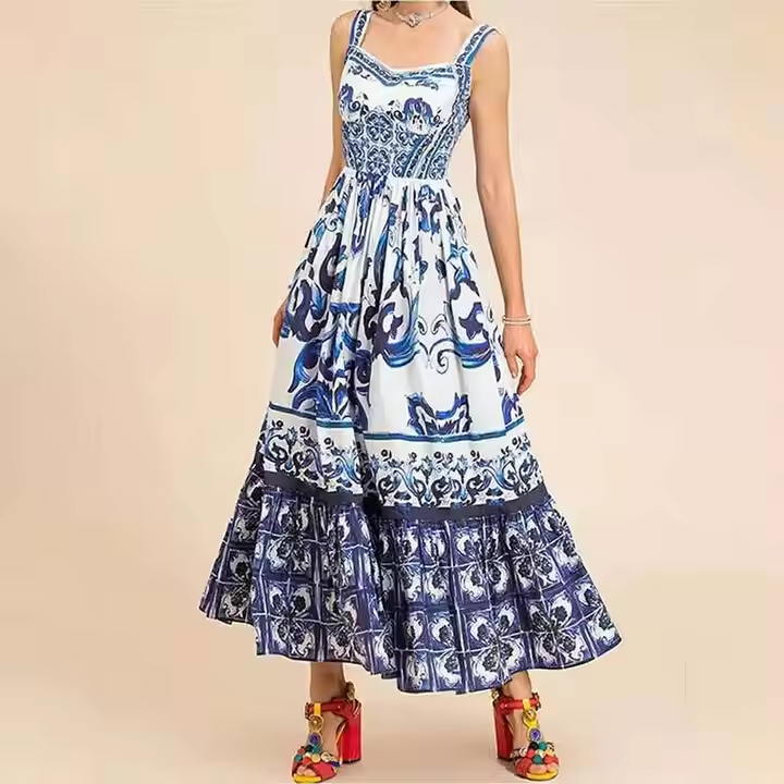 Boudicca Blue Sleeveless Bohemian Print Midi Dress