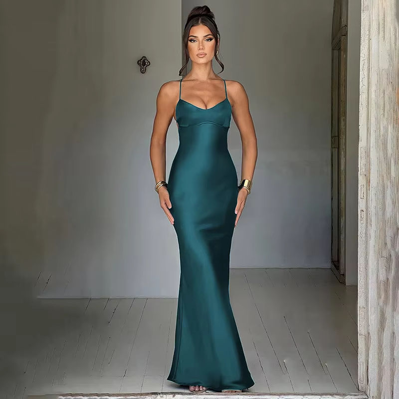 Itzel Green Sleeveless Criss Cross Back Satin Maxi Dress