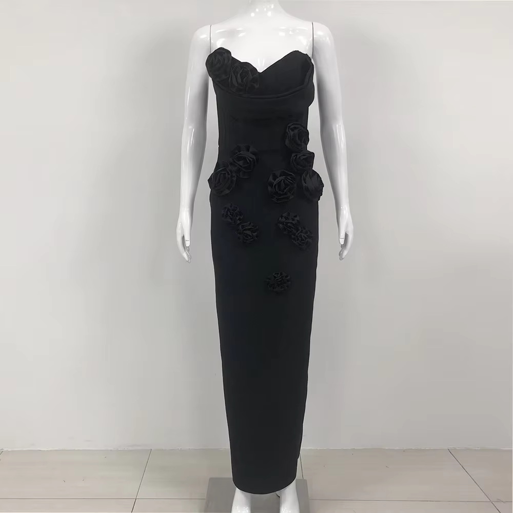 Maisie Black Tube Bodycon With Flower Applique Maxi Dress