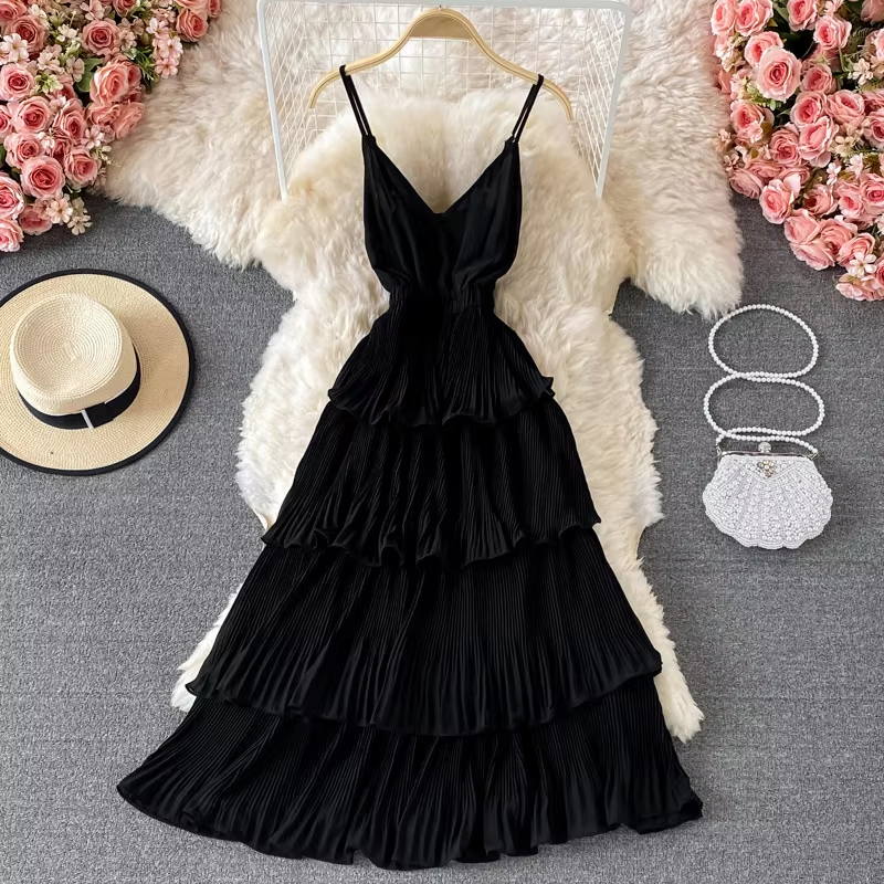 Eumelia Black V-Neck Spaghetti Strap Layered Maxi Dress
