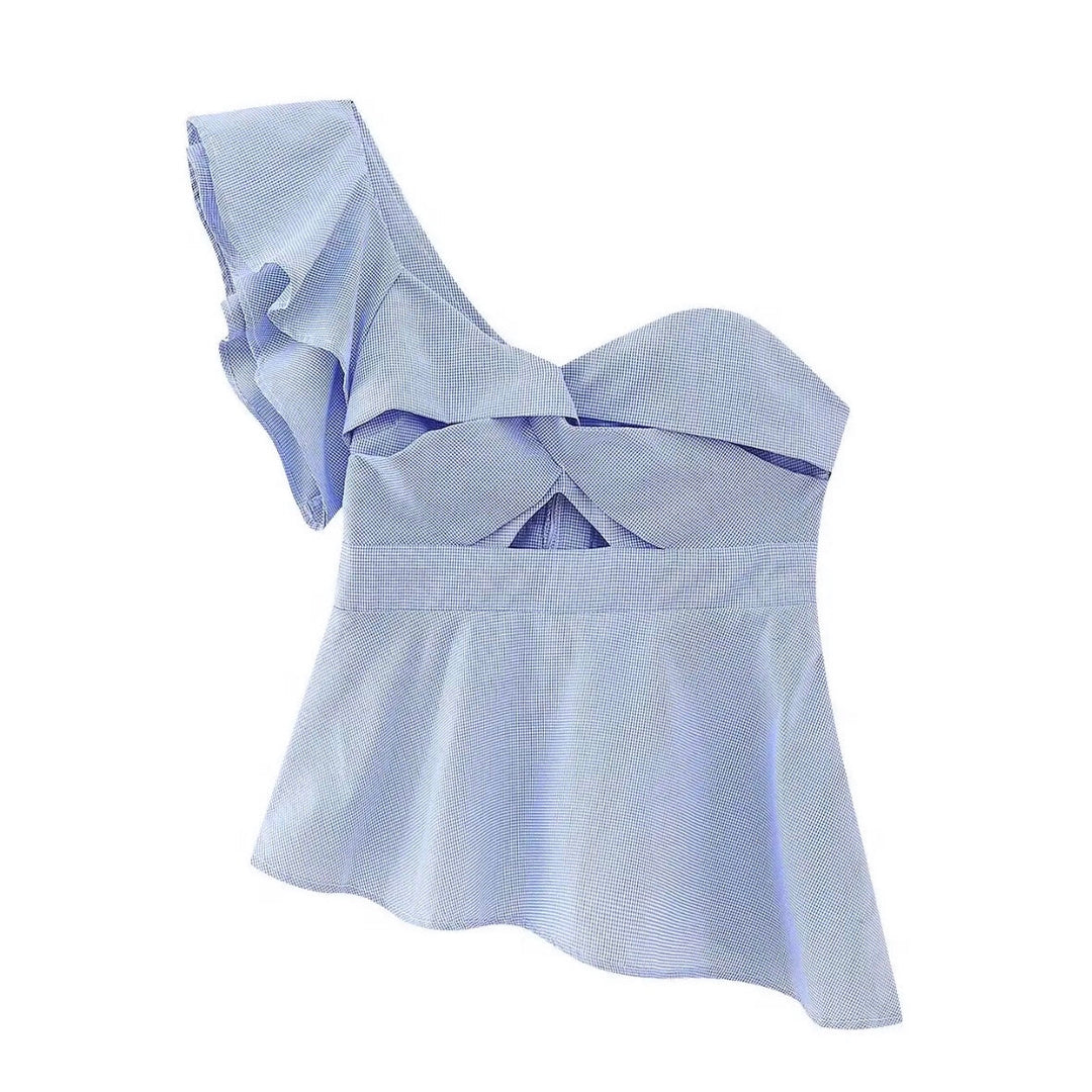 Darby Light Blue Gingham Ruffle Trim Asymmetric Puff Sleeve Camisole Top