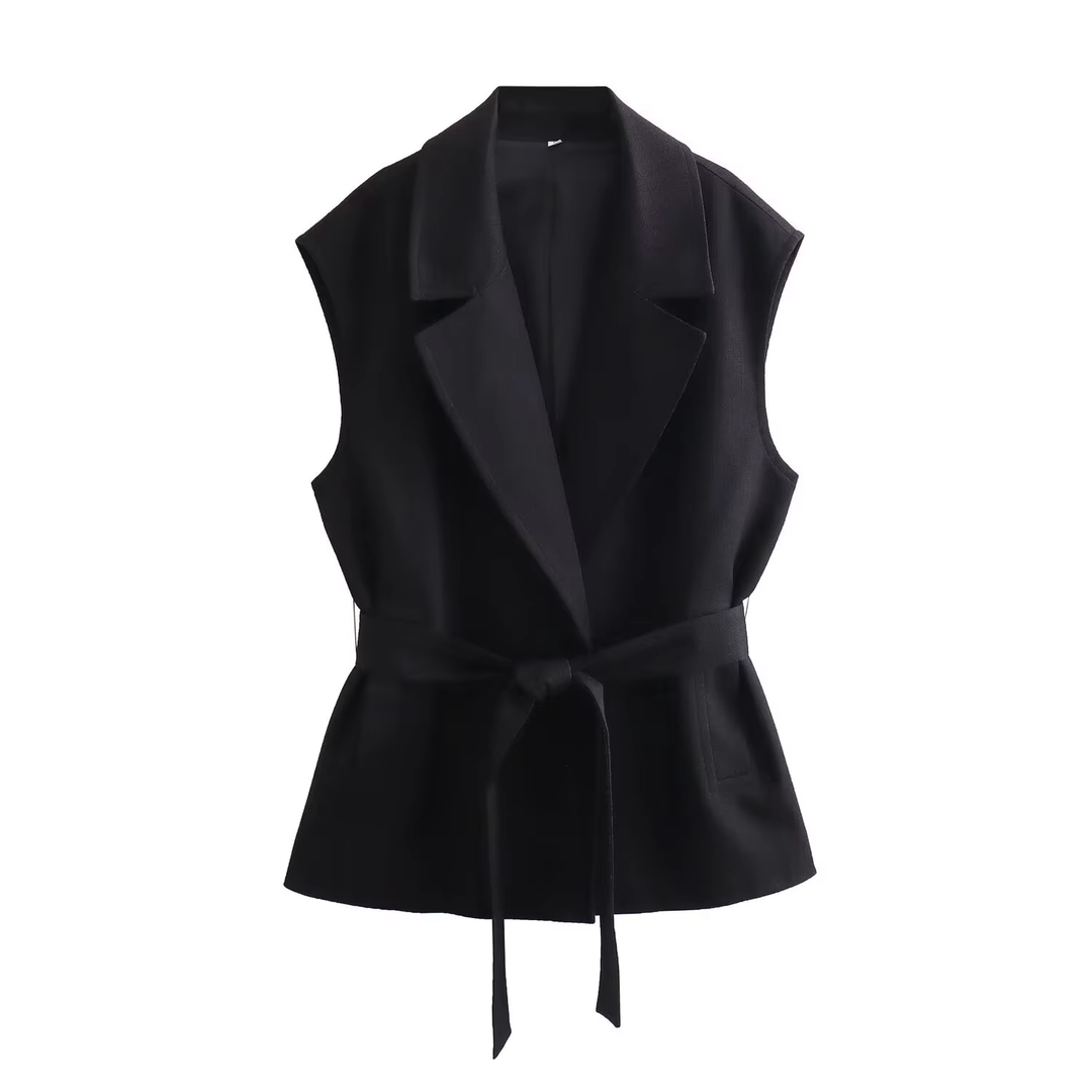 Vivien Black Sleeveless Notched Collar Sashes Vest Top
