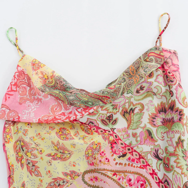 Cassandra Multicolor Patchwork Pattern Print Spaghetti Strap Midi Dress