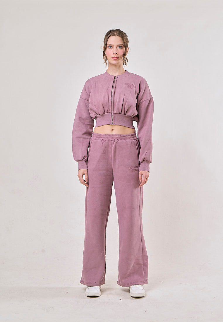 Bruin Pink V Neck Zipper Fly Embroidery Long Sleeve Bomber Jacket