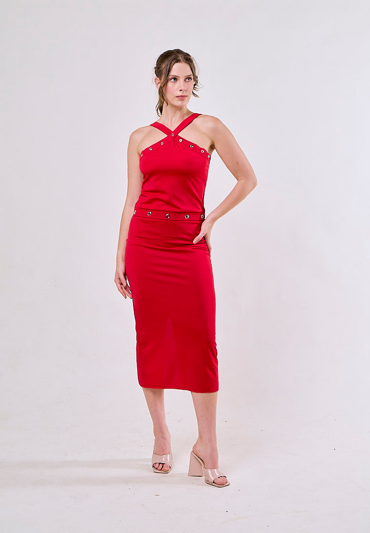 Jandel Red Sexy Halter Neck Rivet Beaded Bodycon Bodysuit