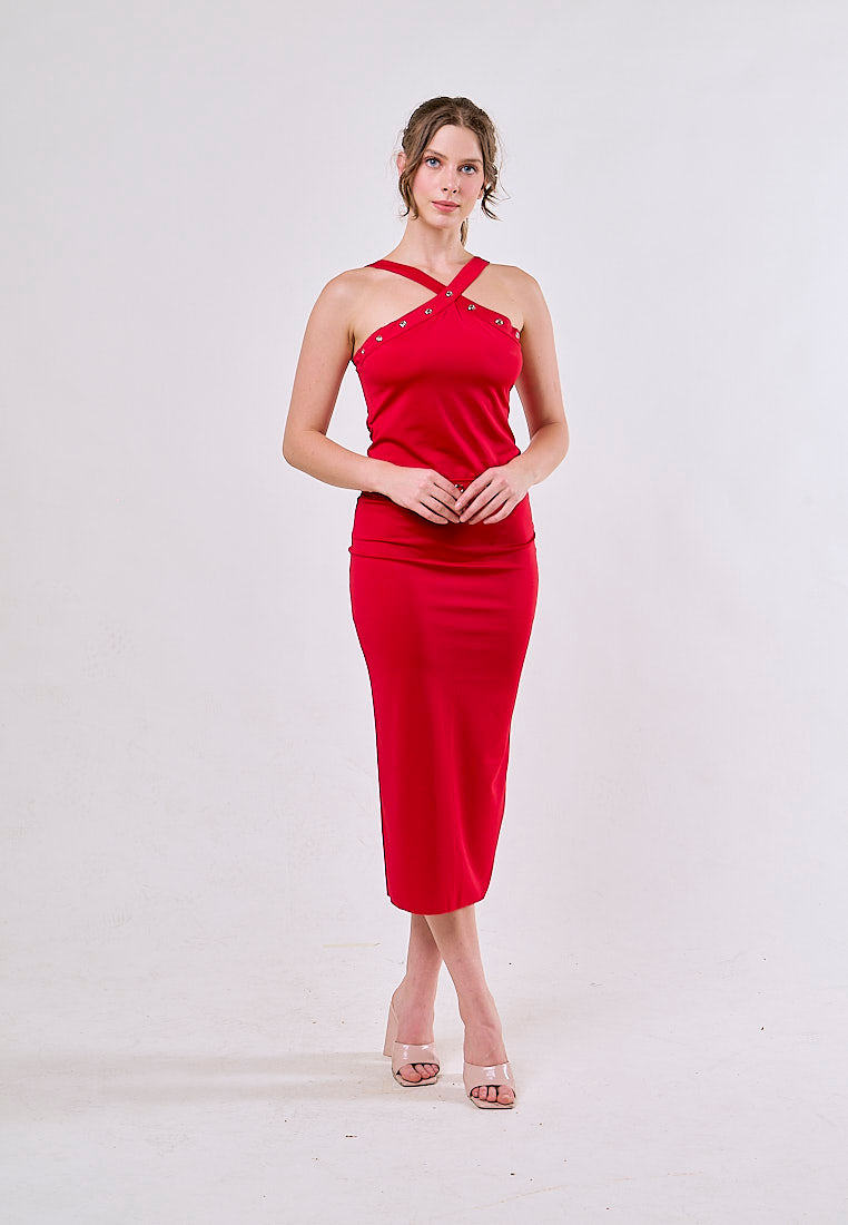 Jandel Red Sexy Halter Neck Rivet Beaded Bodycon Bodysuit