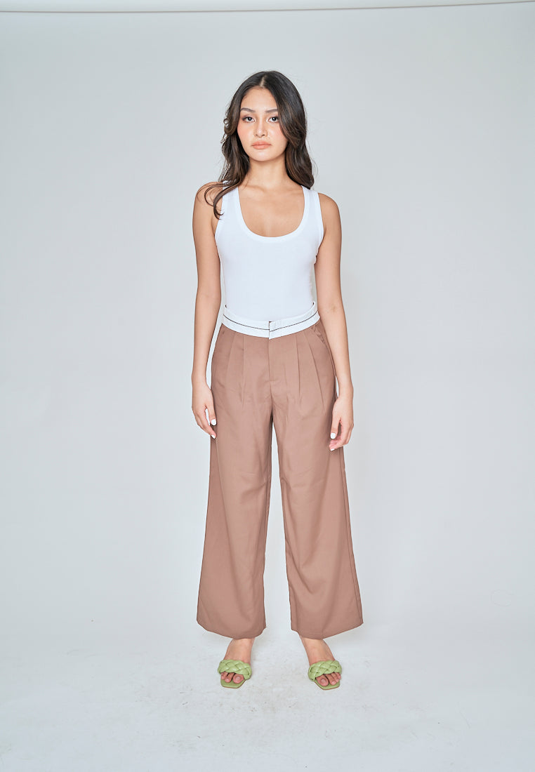 Jorren Brown Zipper Fly White Waistline Pleated Staright Cut Trouser