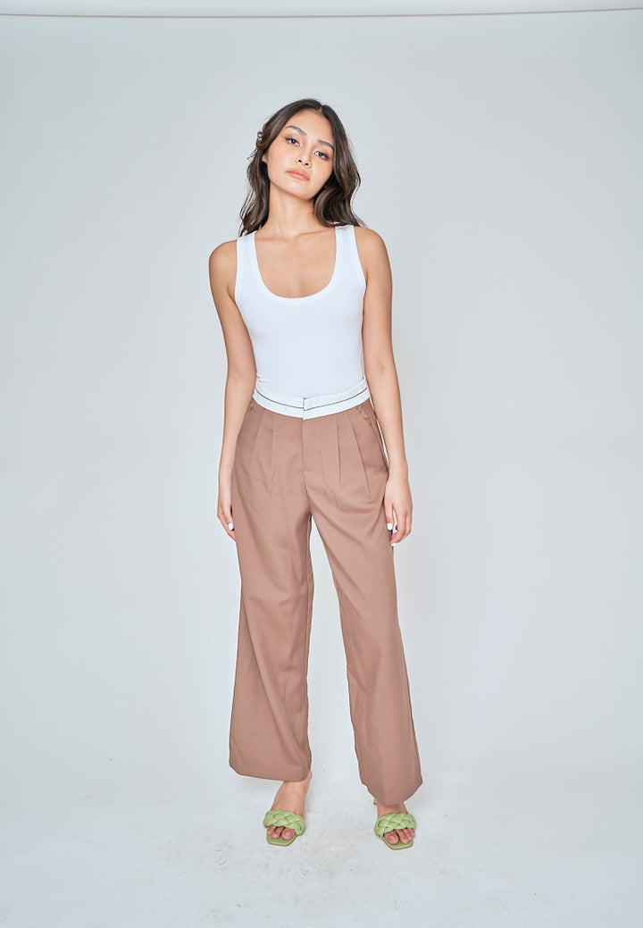 Jorren Brown Zipper Fly White Waistline Pleated Staright Cut Trouser