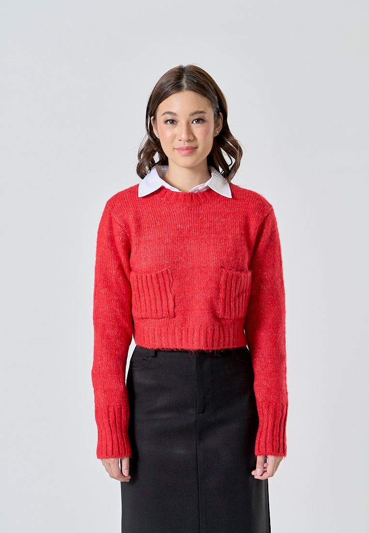 Cole Cherry Red Knitted Crew Neck Front Pockets Long Sleeves Pullover Sweater