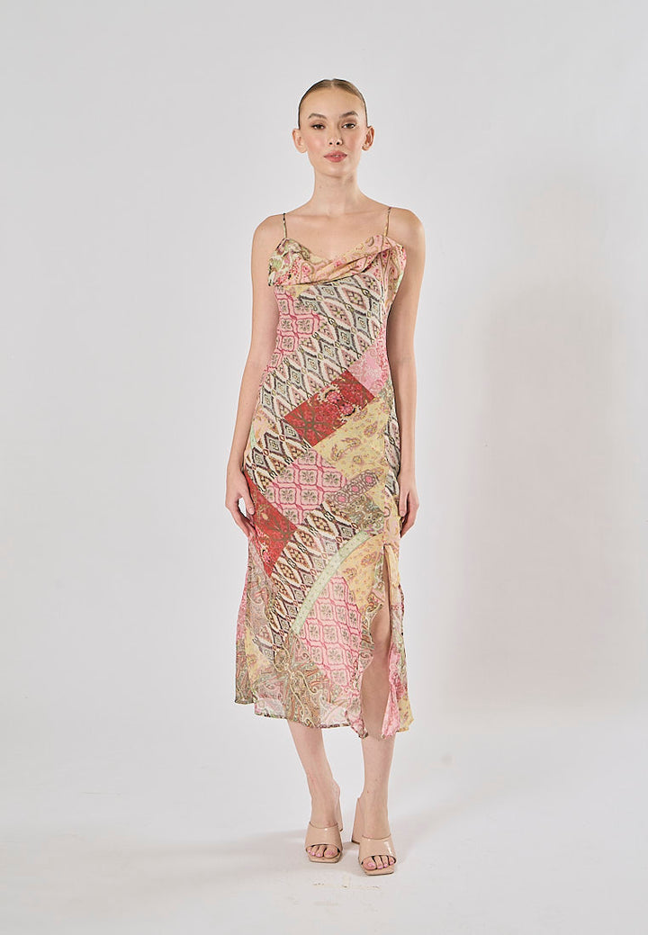 Cassandra Multicolor Patchwork Pattern Print Spaghetti Strap Midi Dress