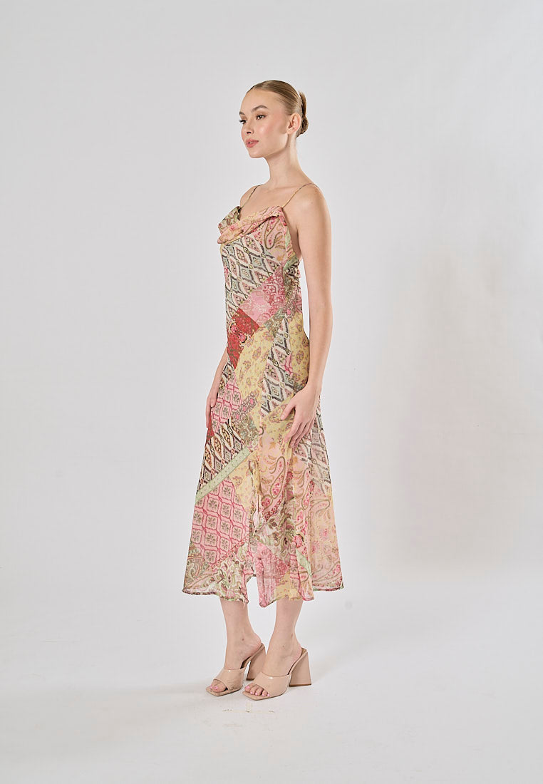 Cassandra Multicolor Patchwork Pattern Print Spaghetti Strap Midi Dress