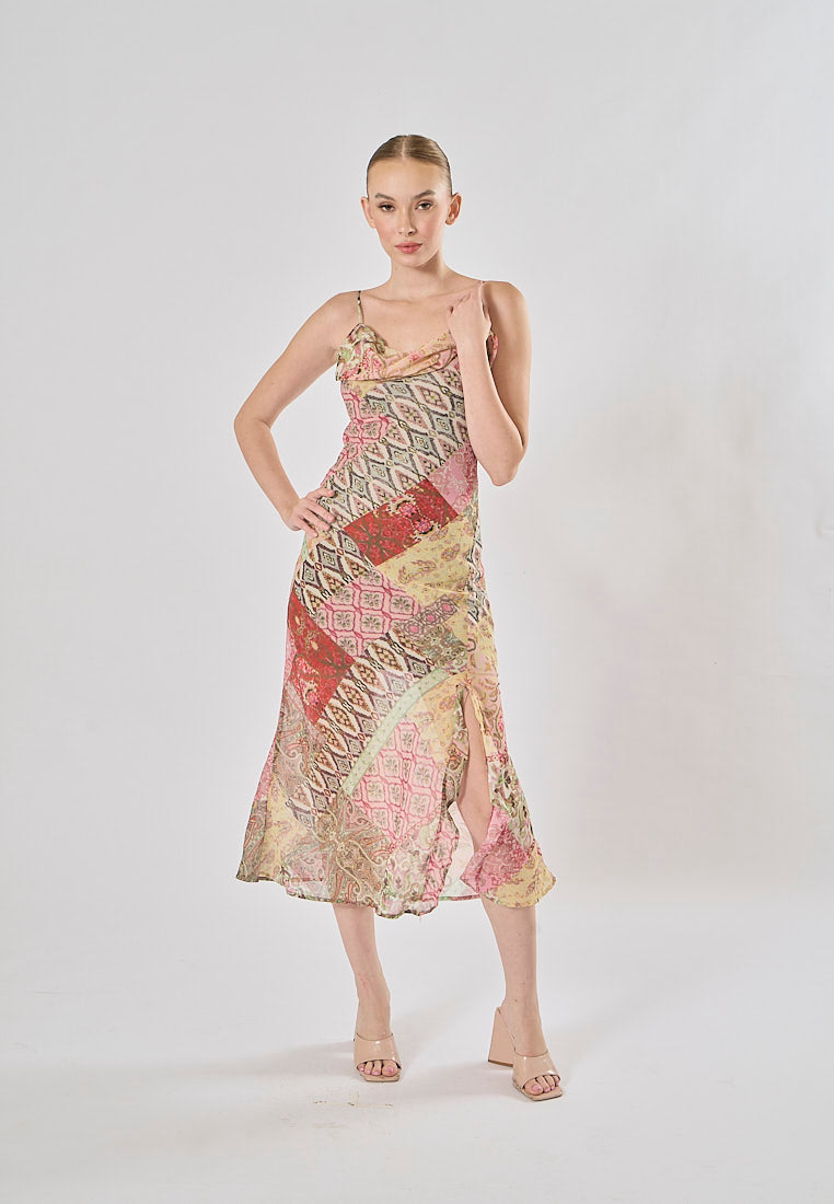 Cassandra Multicolor Patchwork Pattern Print Spaghetti Strap Midi Dress