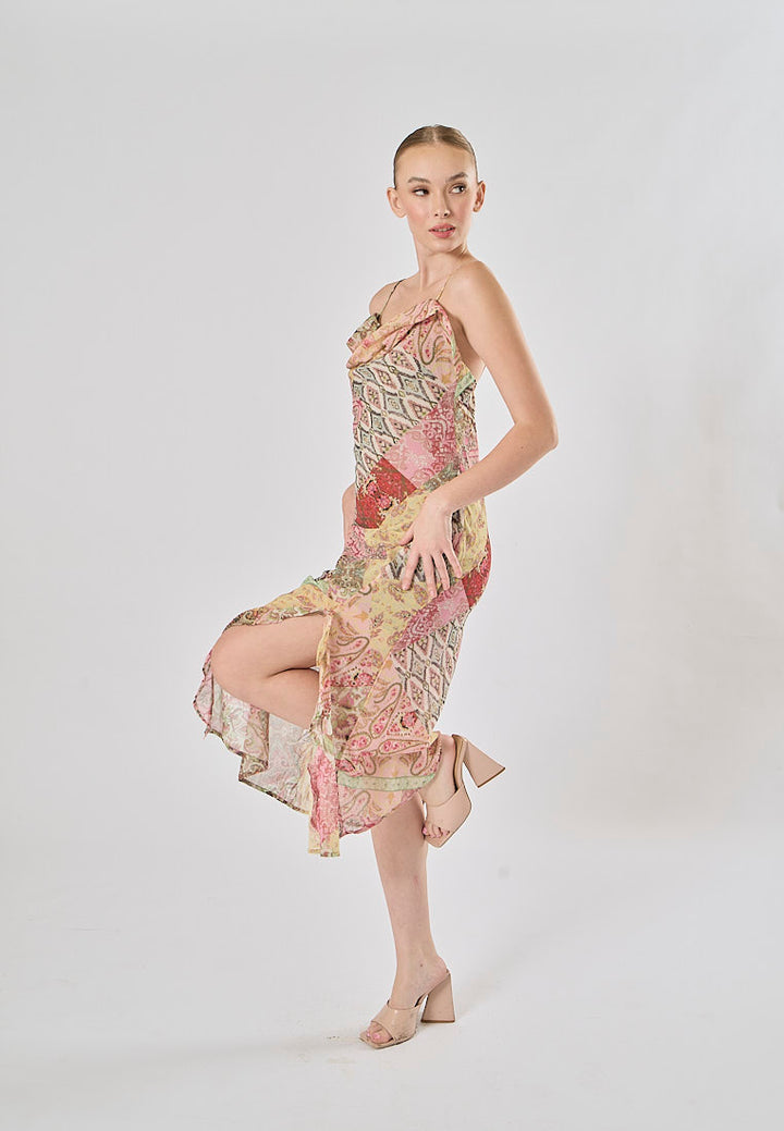 Cassandra Multicolor Patchwork Pattern Print Spaghetti Strap Midi Dress