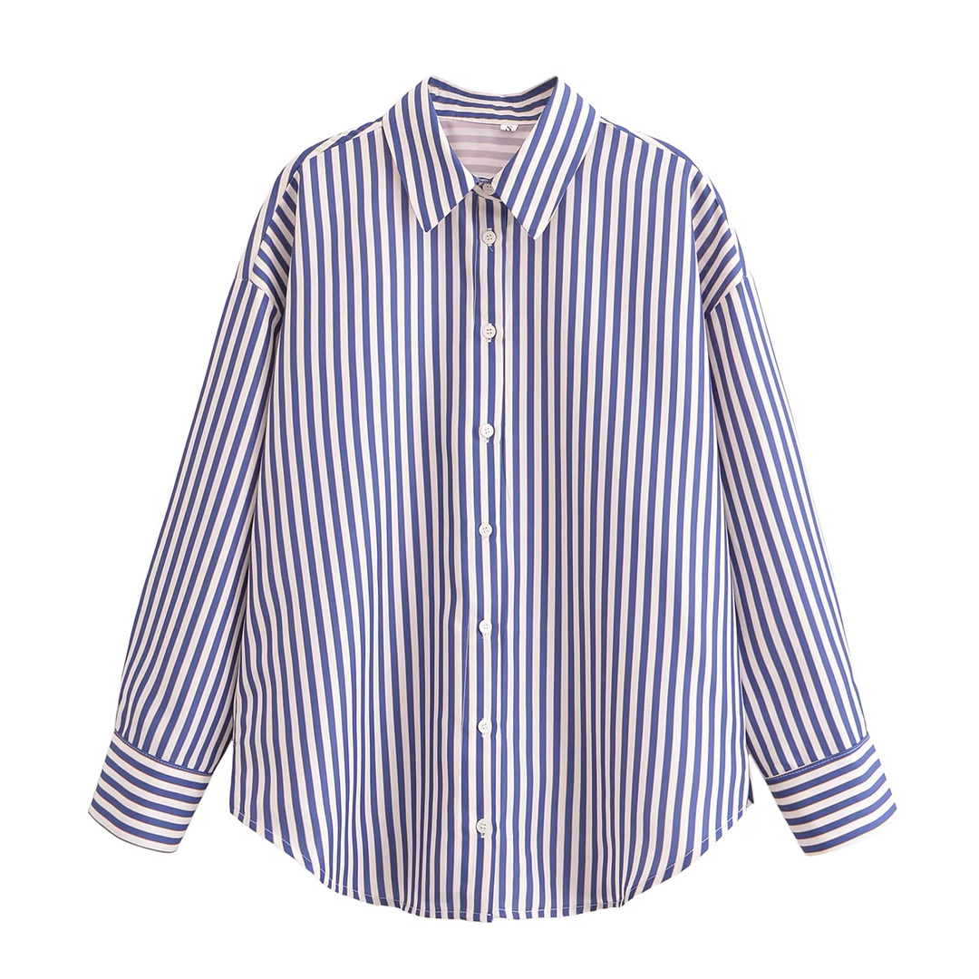 Judson Blue Turn Down Collar Vintage Loose Striped Shoulder Long Sleeve Top