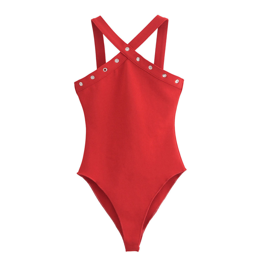 Jandel Red Sexy Halter Neck Rivet Beaded Bodycon Bodysuit