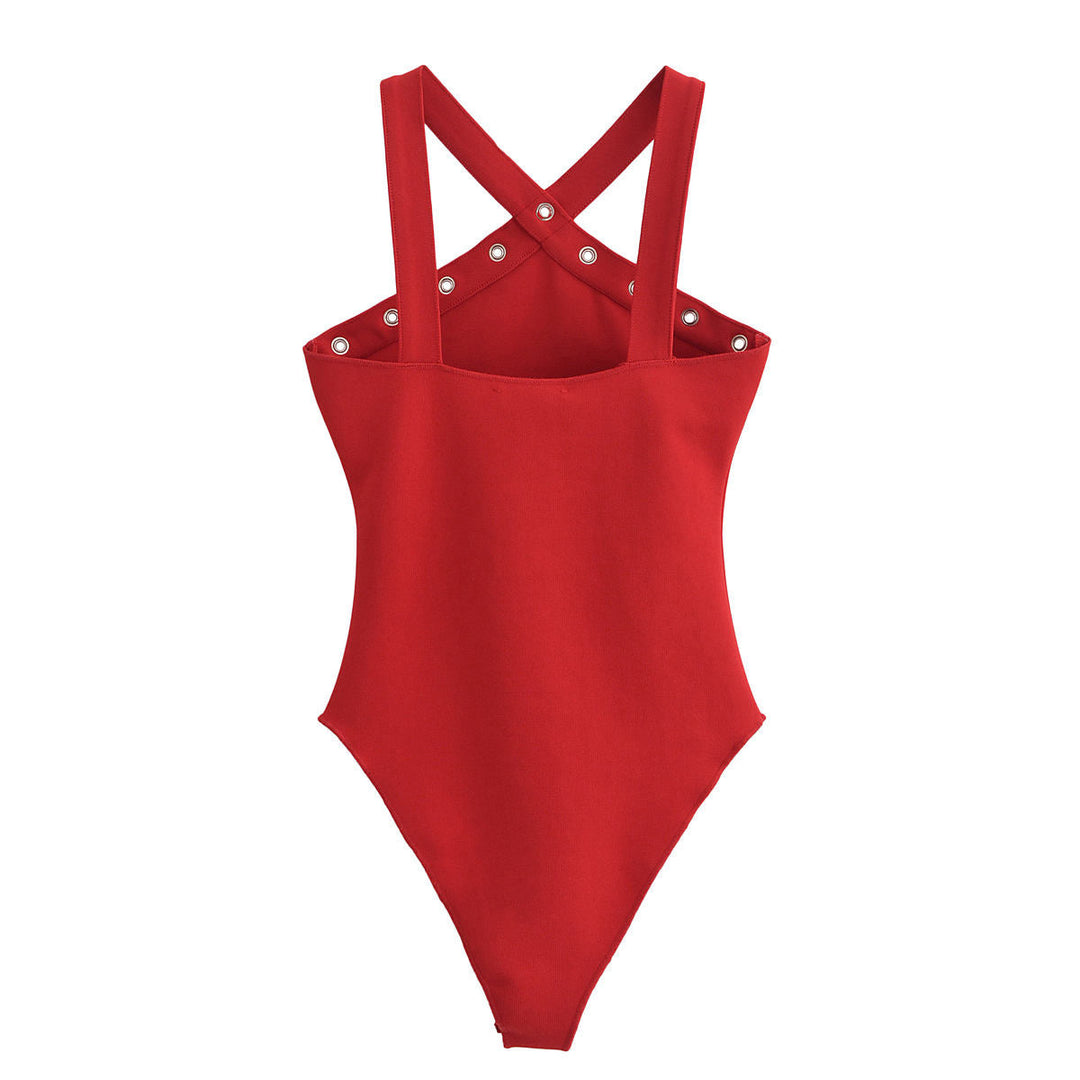 Jandel Red Sexy Halter Neck Rivet Beaded Bodycon Bodysuit
