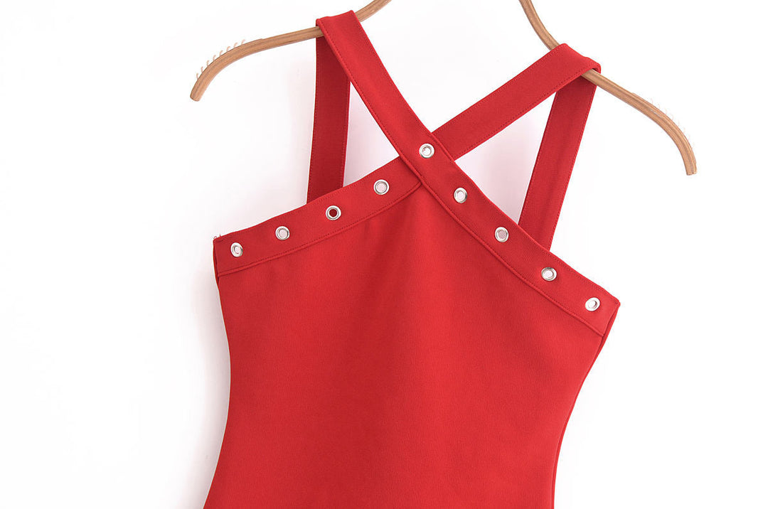 Jandel Red Sexy Halter Neck Rivet Beaded Bodycon Bodysuit