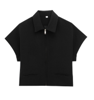 Elowyn Black Turn Down Collar Zipper Fly Crop Top