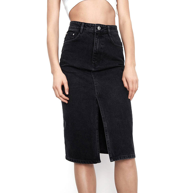 Leyla Denim Black Front Slit Zipper Fly Side Pocket Maxi Skirt