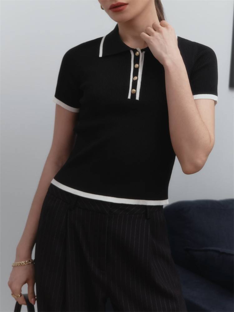 Philomena Black Slim V-Collar T-Shirt Short Sleeve Knit Tops