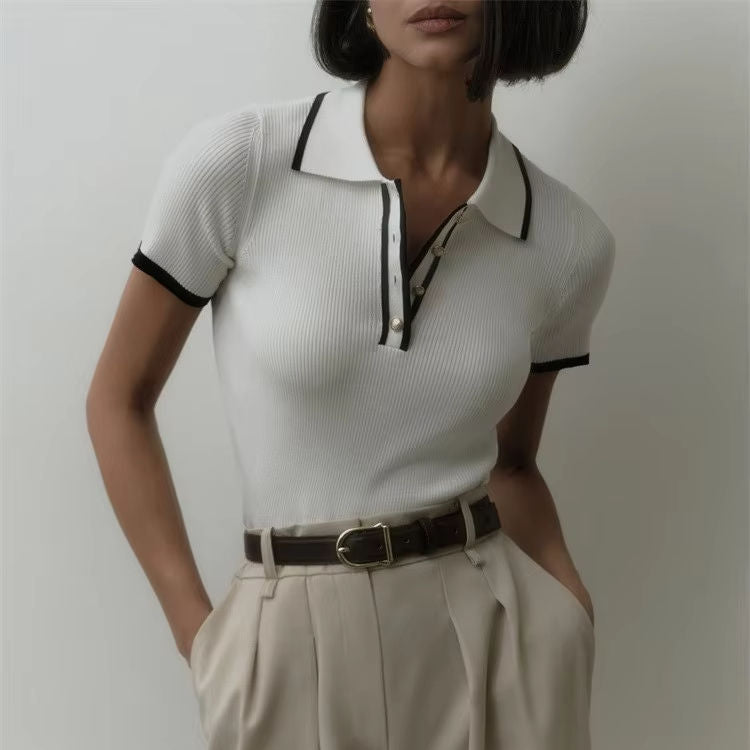 Philomena White Slim V-Collar T-Shirt Short Sleeve Knit Tops