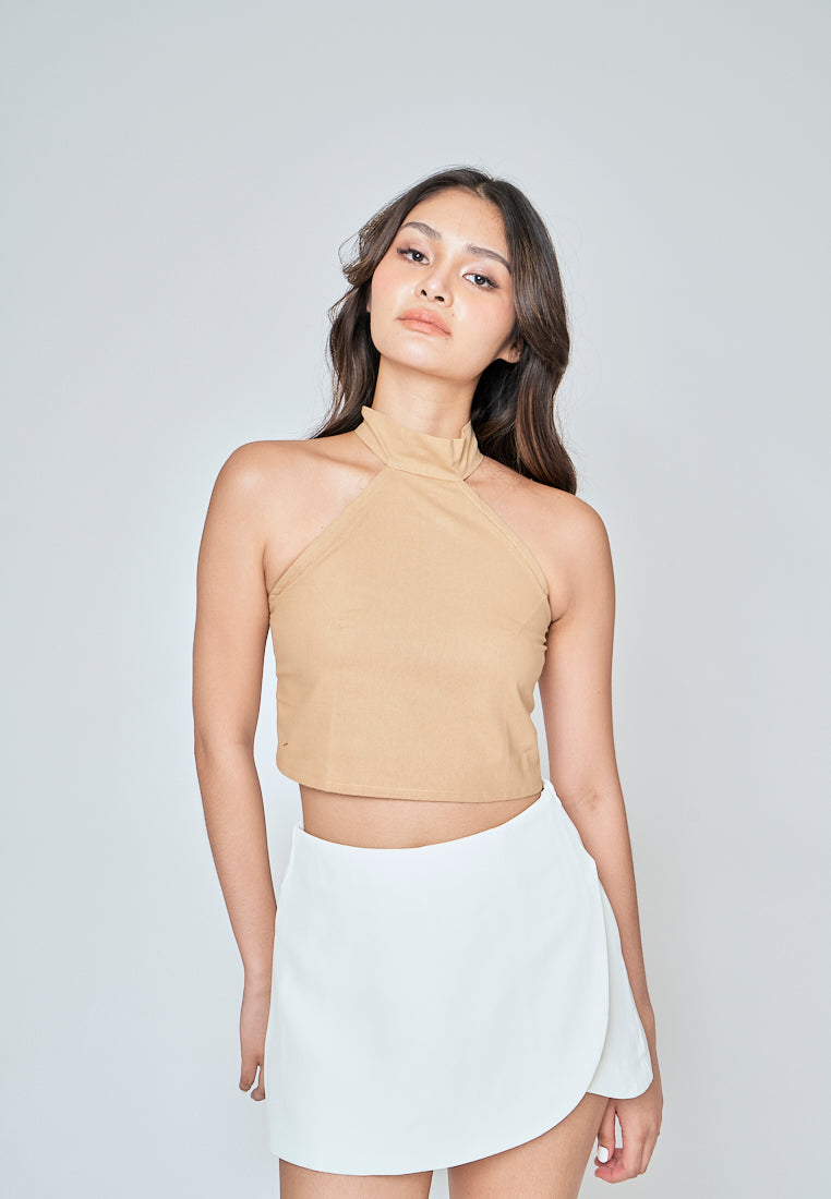 Markl Light Brown Linen Sleeveless Turtle Neck Halter Top
