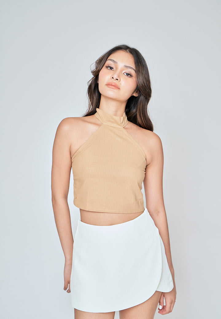 Markl Light Brown Linen Sleeveless Turtle Neck Halter Top