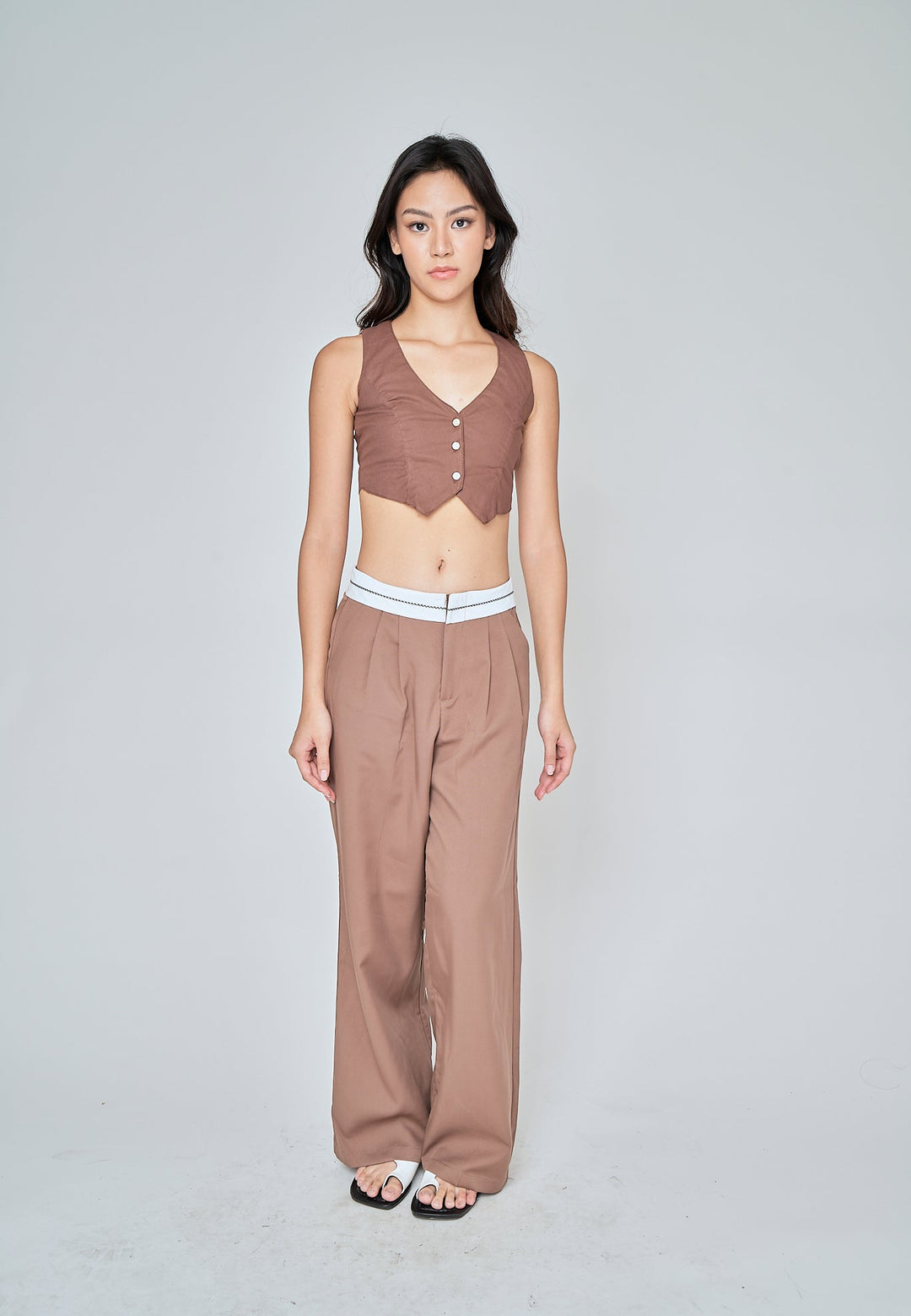 Jorren Brown Zipper Fly White Waistline Pleated Staright Cut Trouser