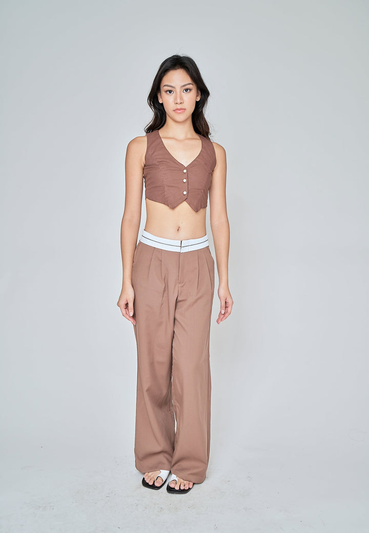 Jorren Brown Zipper Fly White Waistline Pleated Staright Cut Trouser