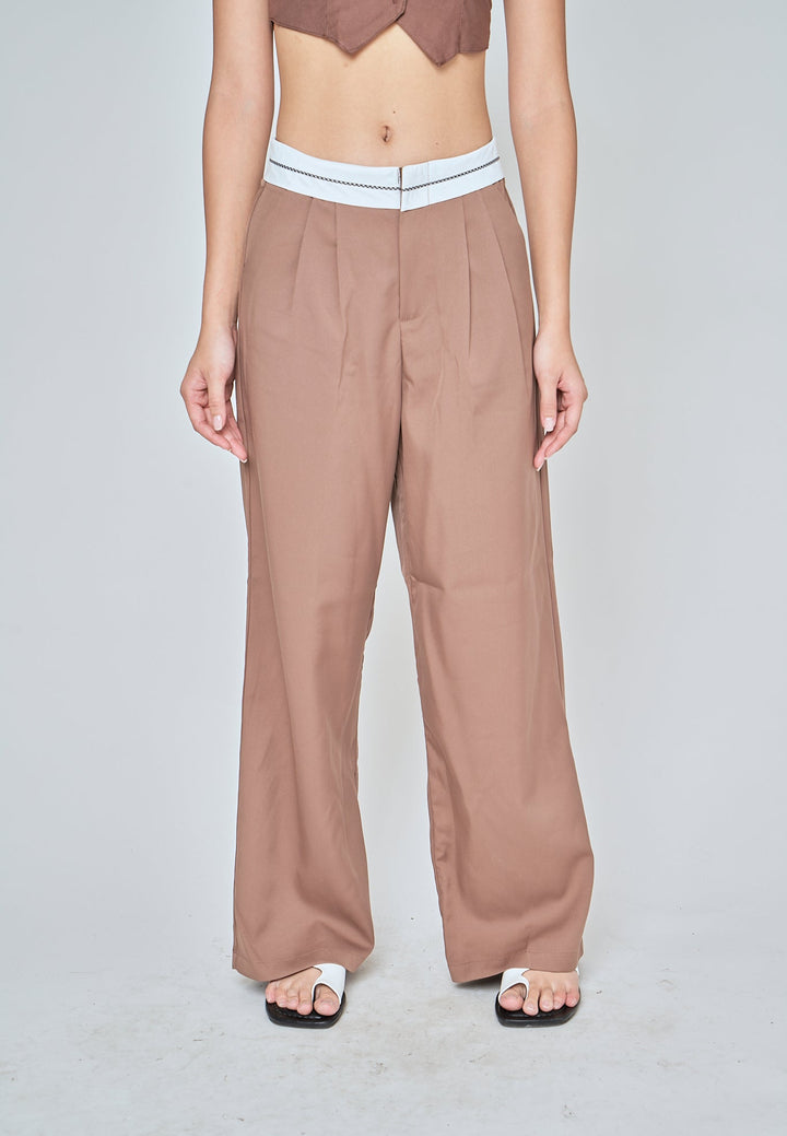 Jorren Brown Zipper Fly White Waistline Pleated Staright Cut Trouser