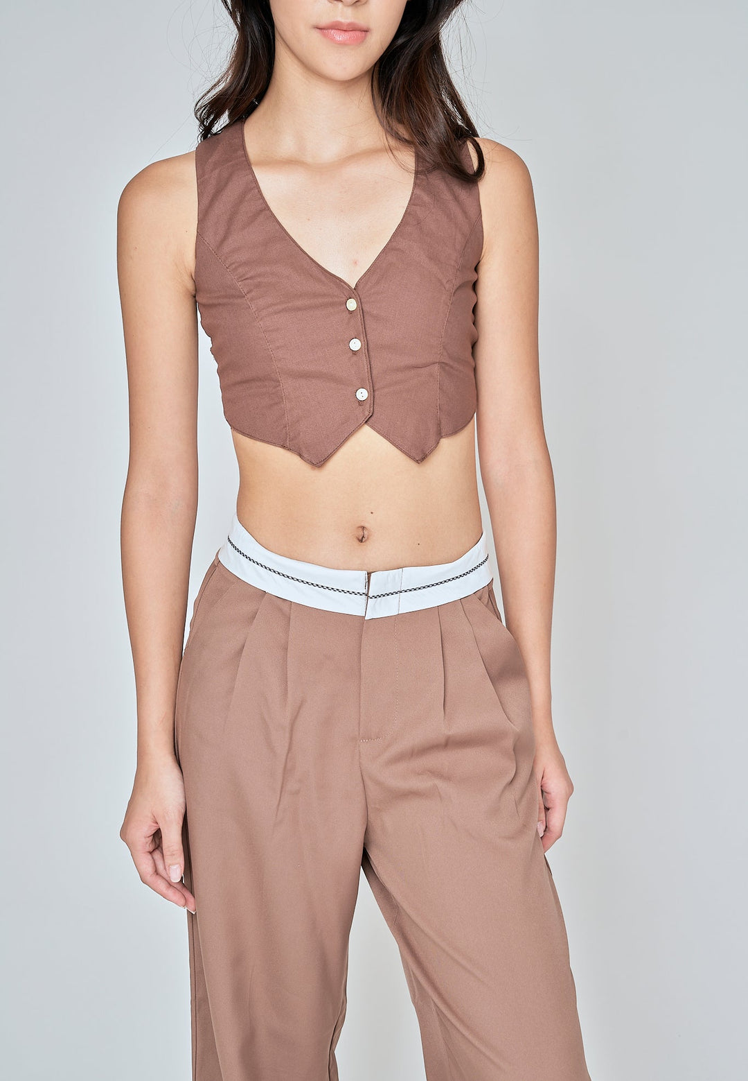 Jorren Brown Zipper Fly White Waistline Pleated Staright Cut Trouser