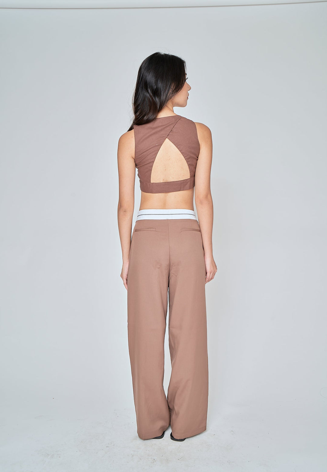 Jorren Brown Zipper Fly White Waistline Pleated Staright Cut Trouser