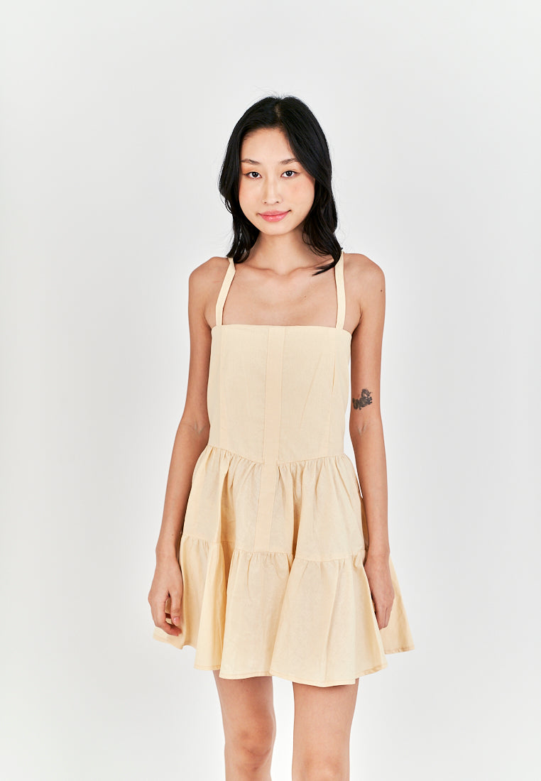 Taeko Beige Linen Sleeveless Smock Zipper Back Tiered Mini Dress