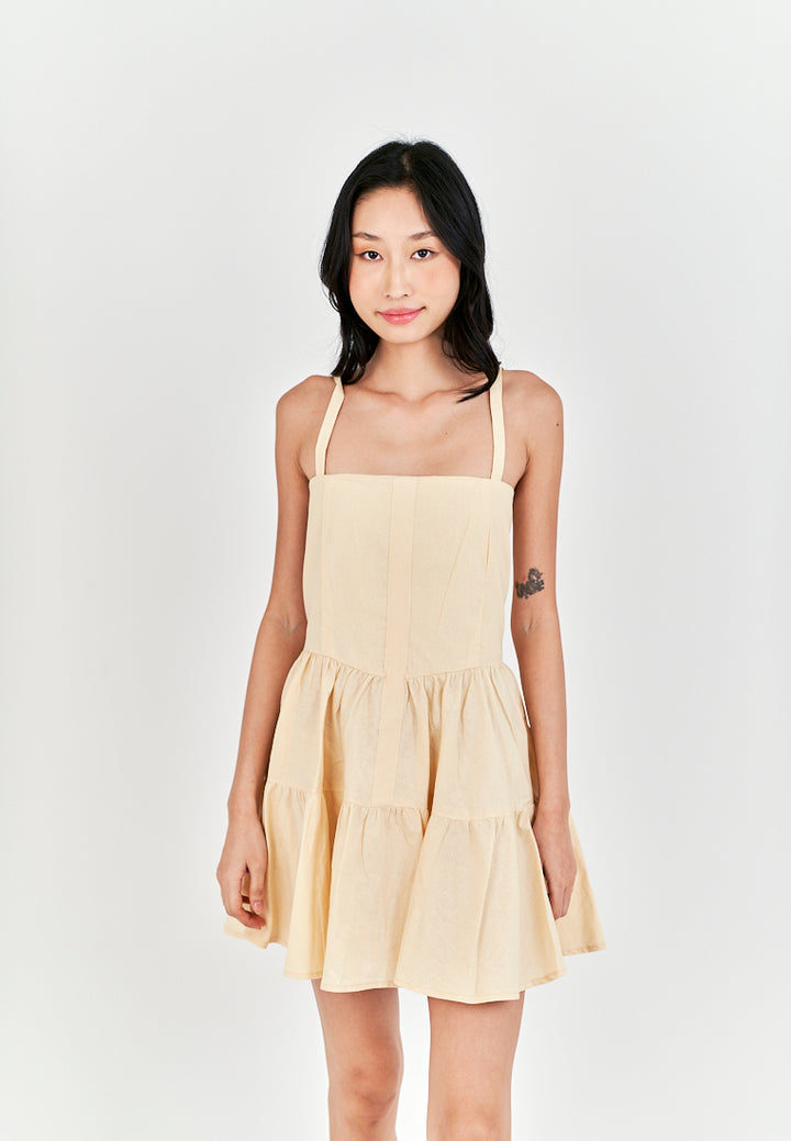 Taeko Beige Linen Sleeveless Smock Zipper Back Tiered Mini Dress