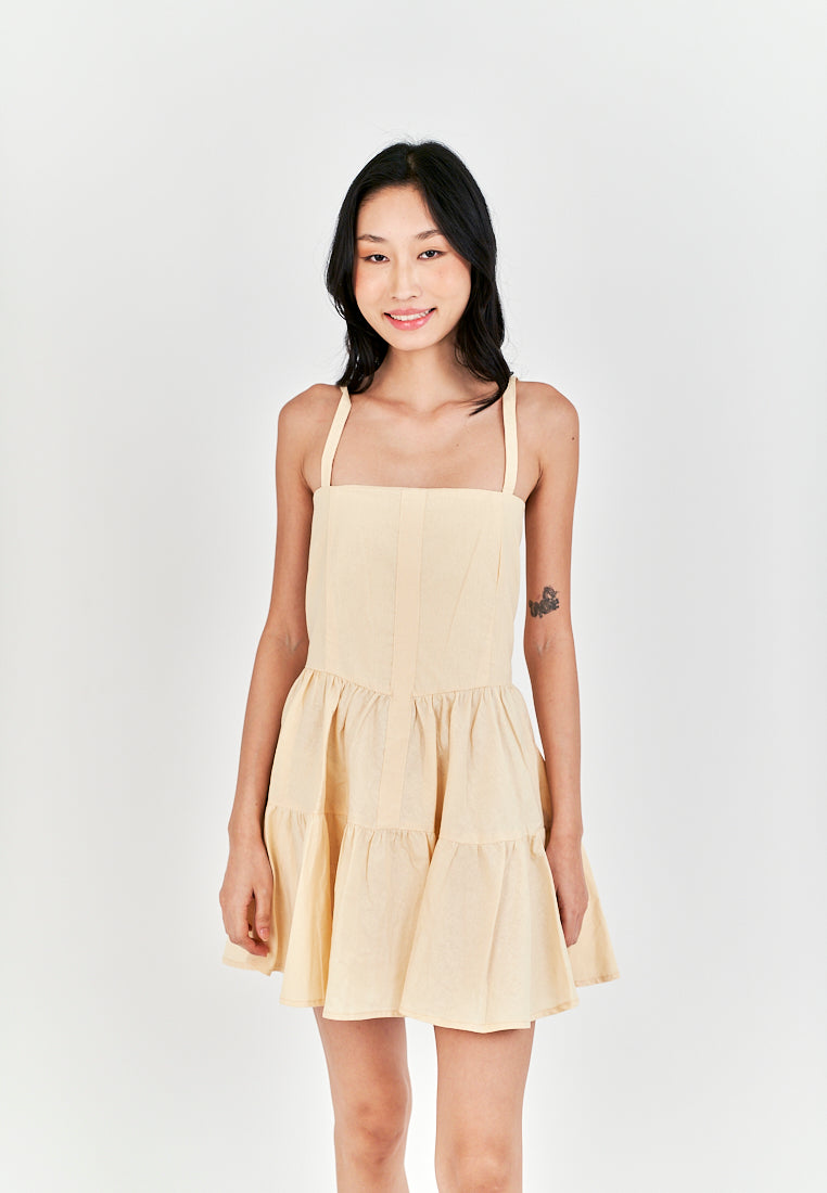 Taeko Beige Linen Sleeveless Smock Zipper Back Tiered Mini Dress