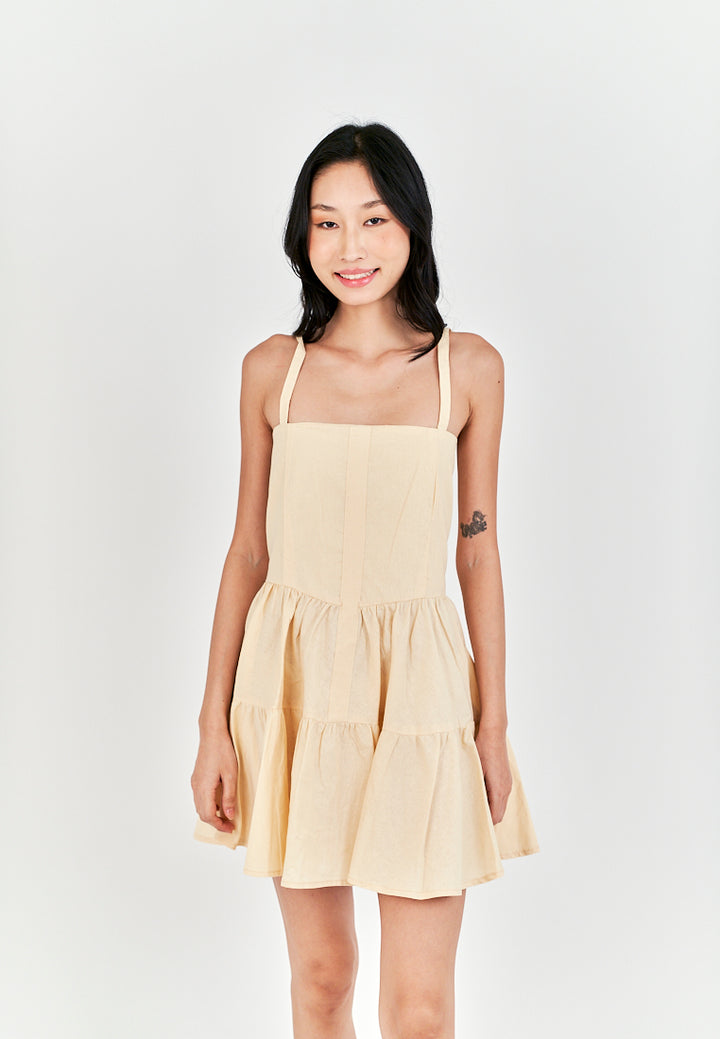 Taeko Beige Linen Sleeveless Smock Zipper Back Tiered Mini Dress
