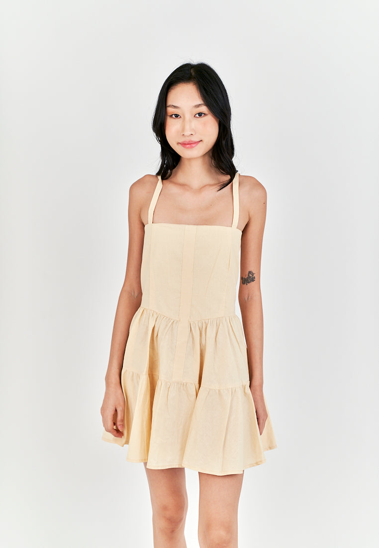 Taeko Beige Linen Sleeveless Smock Zipper Back Tiered Mini Dress