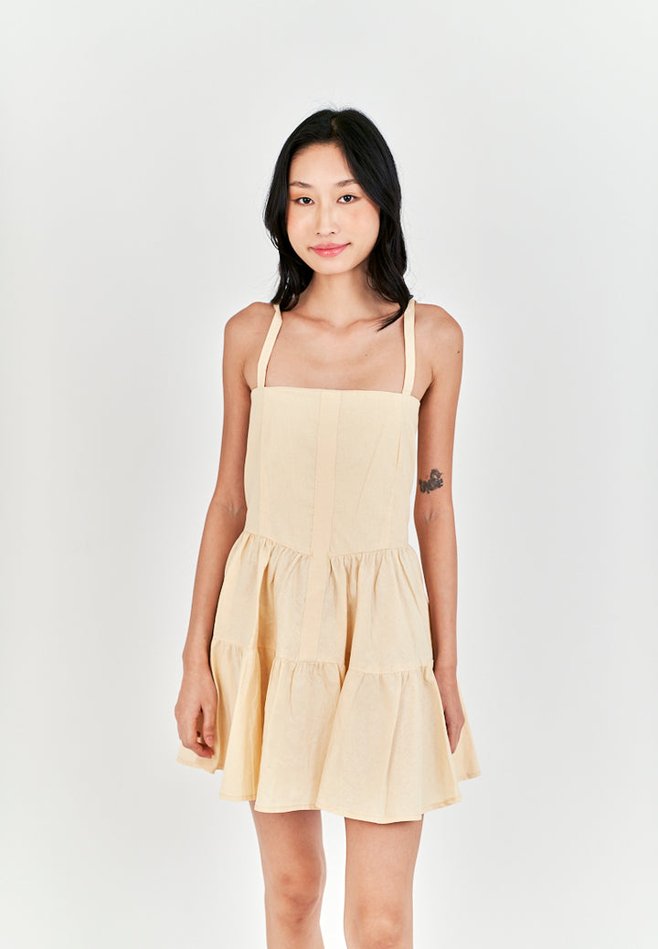 Taeko Beige Linen Sleeveless Smock Zipper Back Tiered Mini Dress