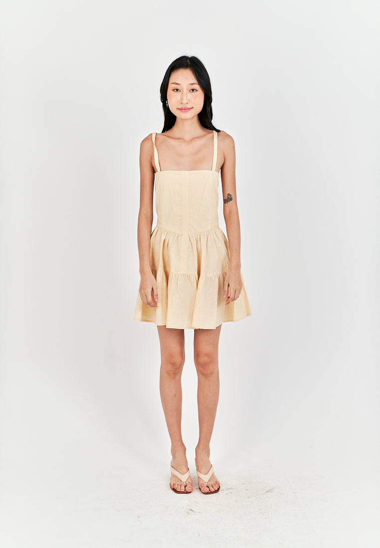 Taeko Beige Linen Sleeveless Smock Zipper Back Tiered Mini Dress