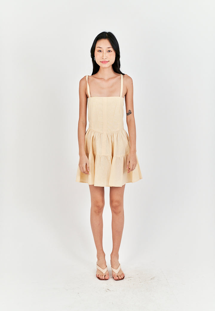 Taeko Beige Linen Sleeveless Smock Zipper Back Tiered Mini Dress
