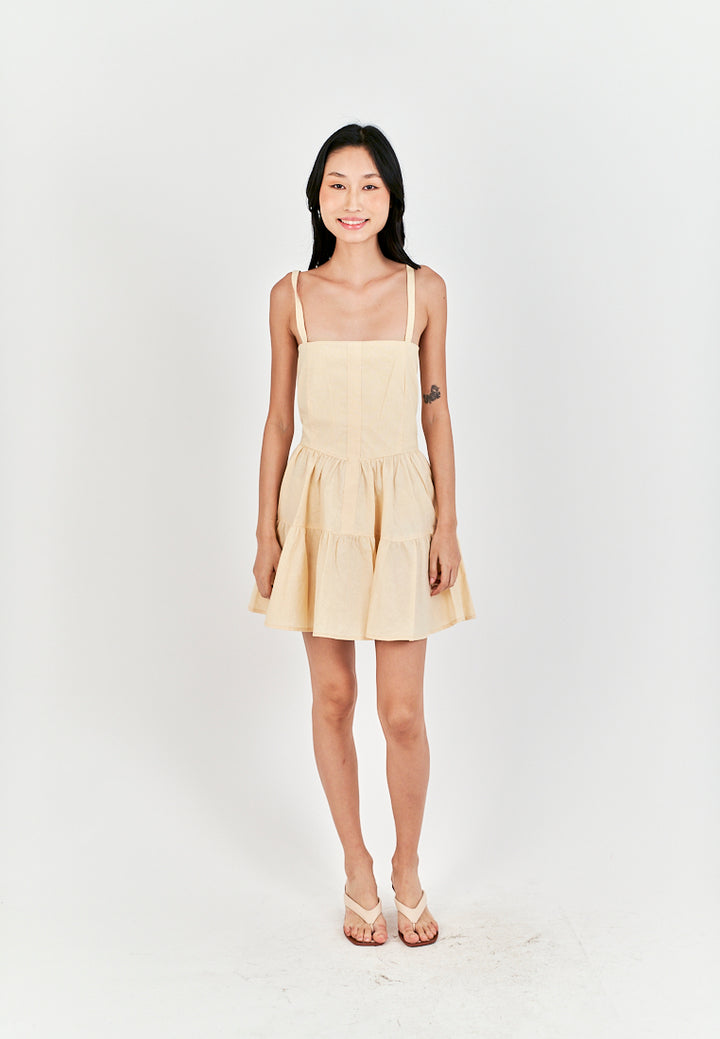 Taeko Beige Linen Sleeveless Smock Zipper Back Tiered Mini Dress