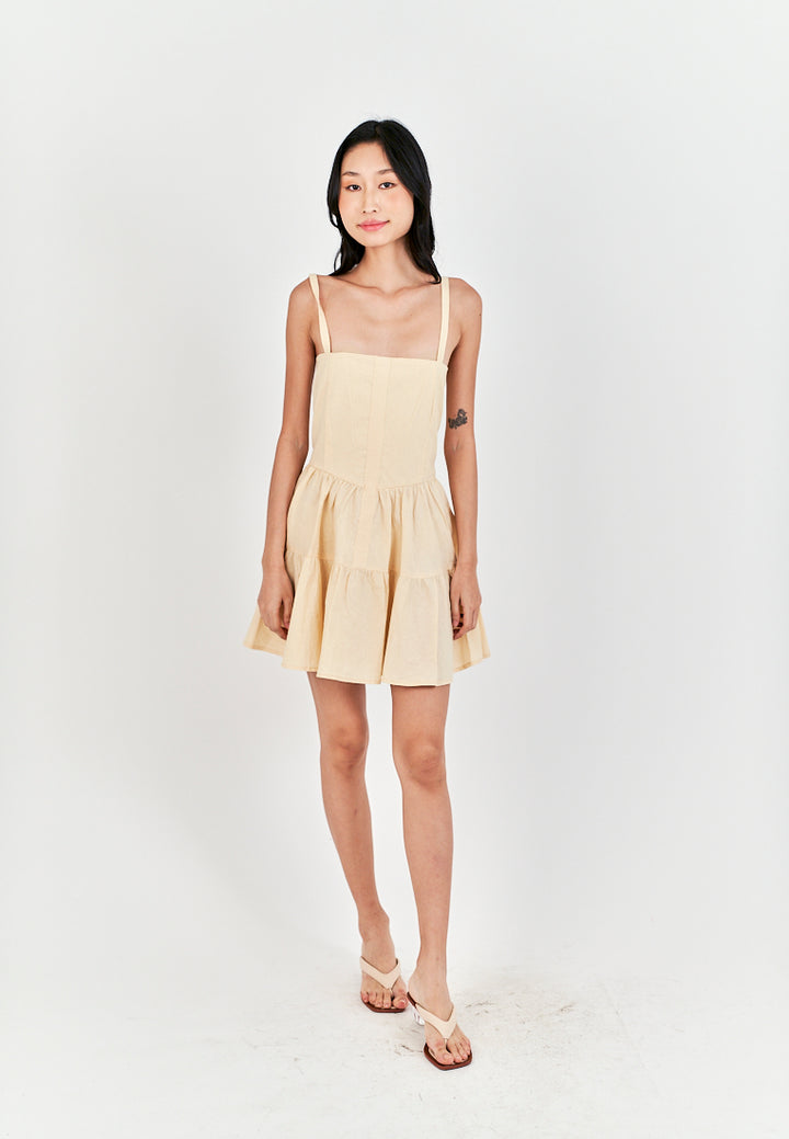 Taeko Beige Linen Sleeveless Smock Zipper Back Tiered Mini Dress