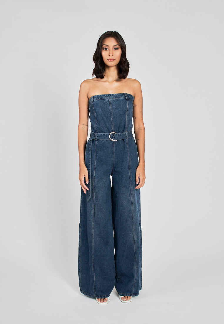 Finnegan Blue Denim Lined Smocked Back Side Zipper Tube Jumpsuit Love