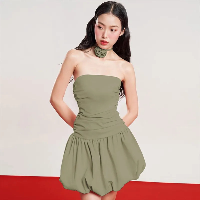 Levi Sage Green Tube With Neck Flower Applique Ruched Bubble Mini Dress