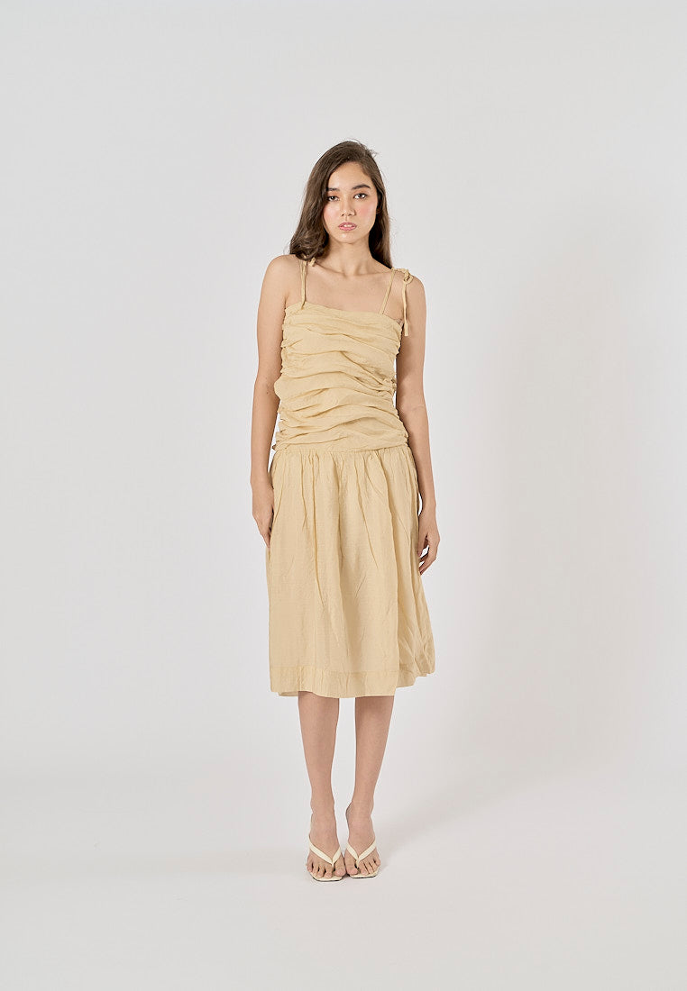 Nazha Beige Thin Strap Pleated Midi Dress Love Ara