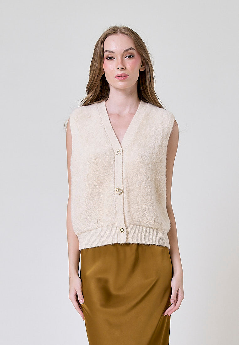 Oxford Beige Latte Knitted V Neck Single Breasted Button Gem
